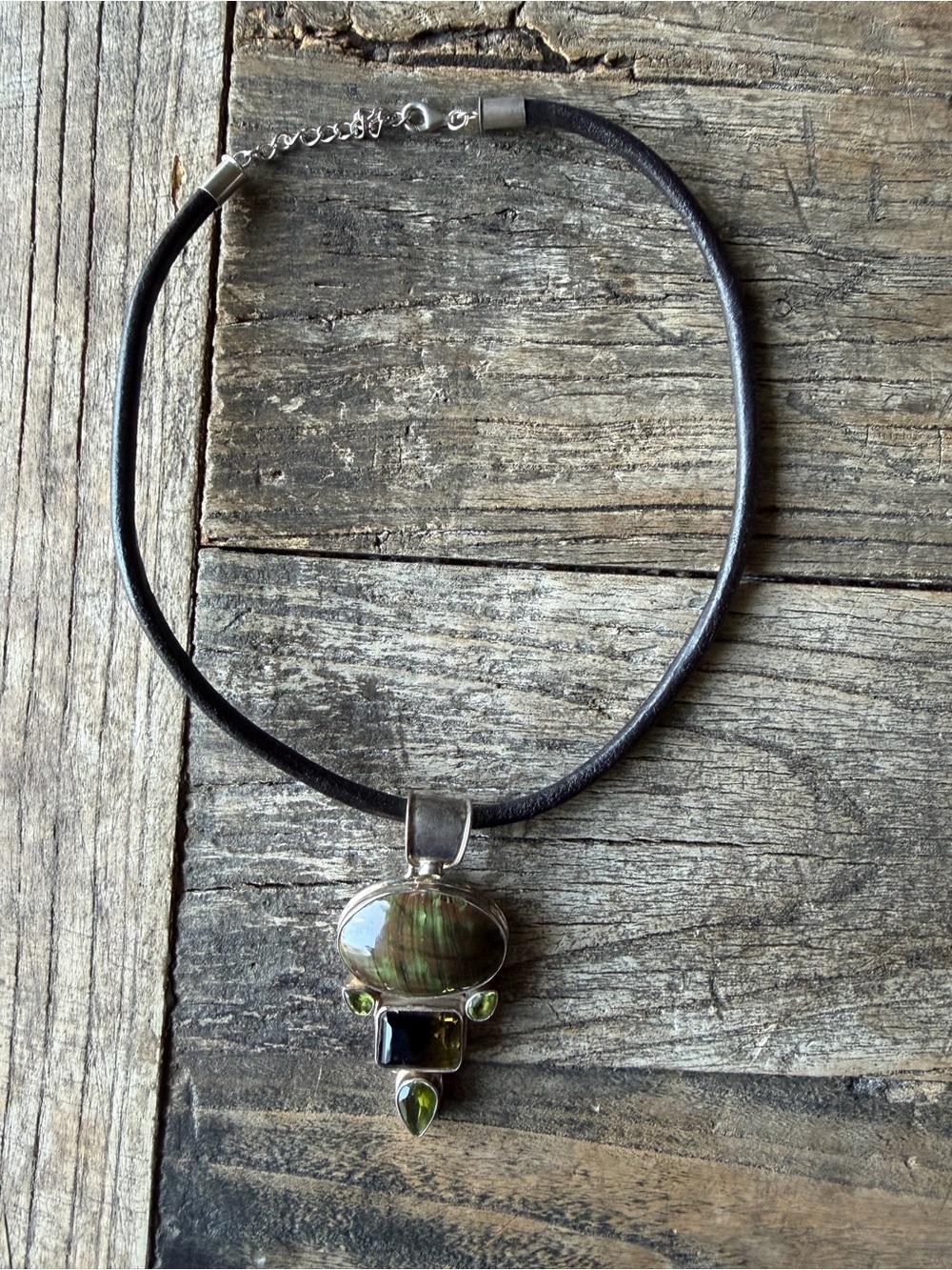 Labradorite, Peridot, and Smokey Quartz set in Silver 925, Leather Cord